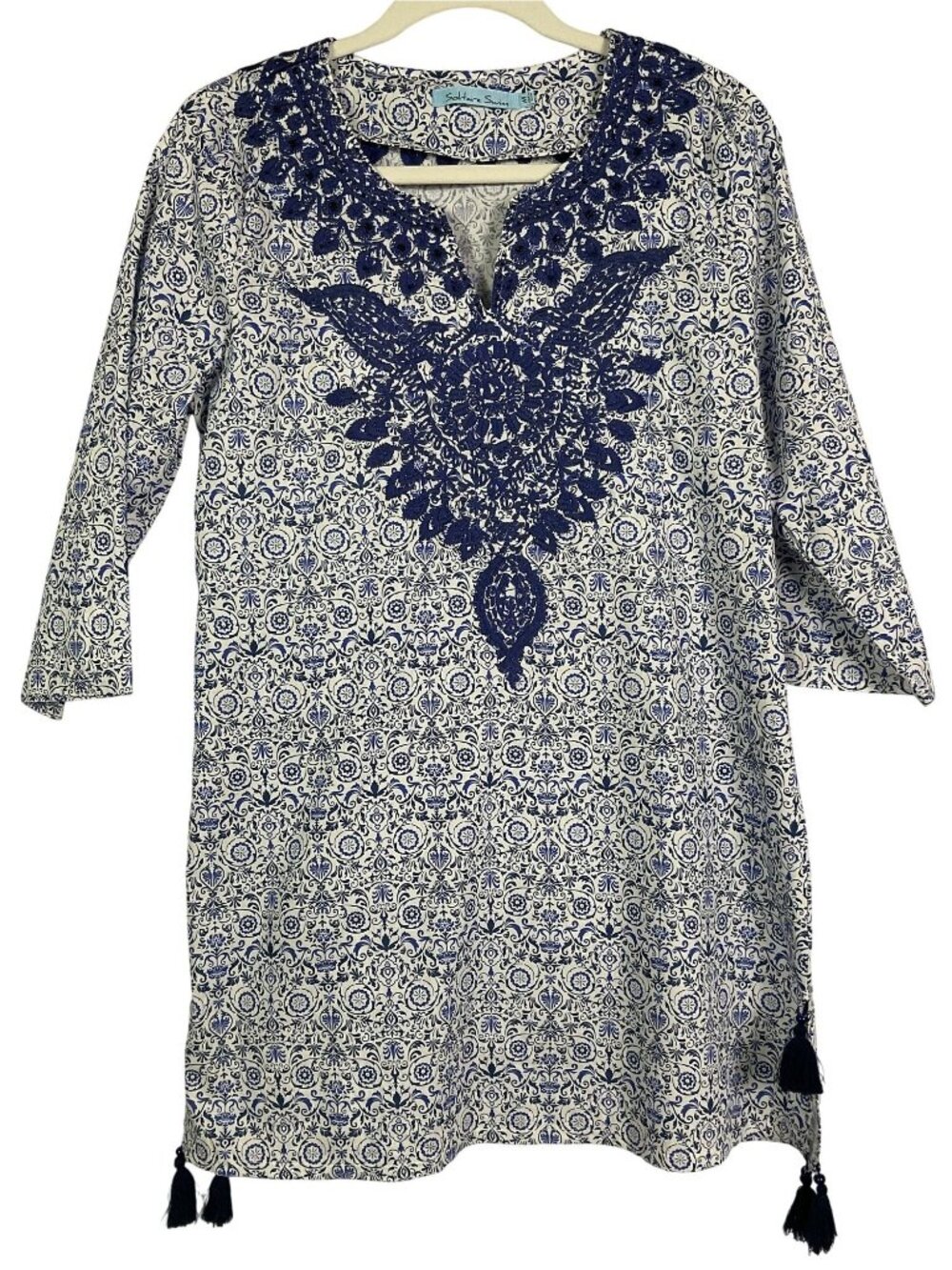 Solitaire Swim Blue Embroidered Tunic Cover Up Dress Tassels Medium Cotton